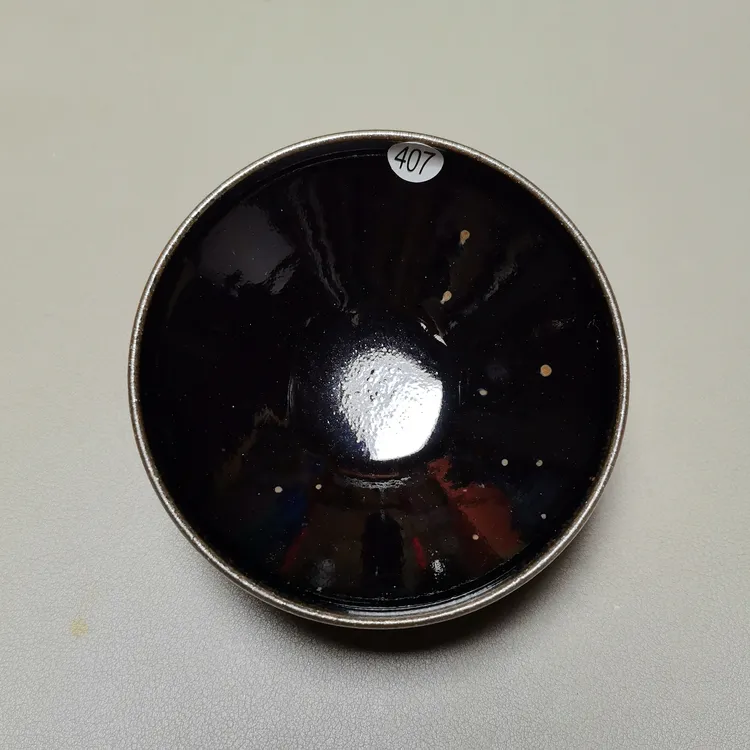 建窑建盏原矿釉爱莲堂柴烧杠黑乌金带滴灯盏器形口径8.5*3.5