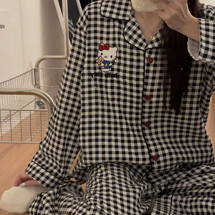 2025新款纯棉麻纱布睡衣女春秋款薄款可爱格子长袖长裤冬季家居服