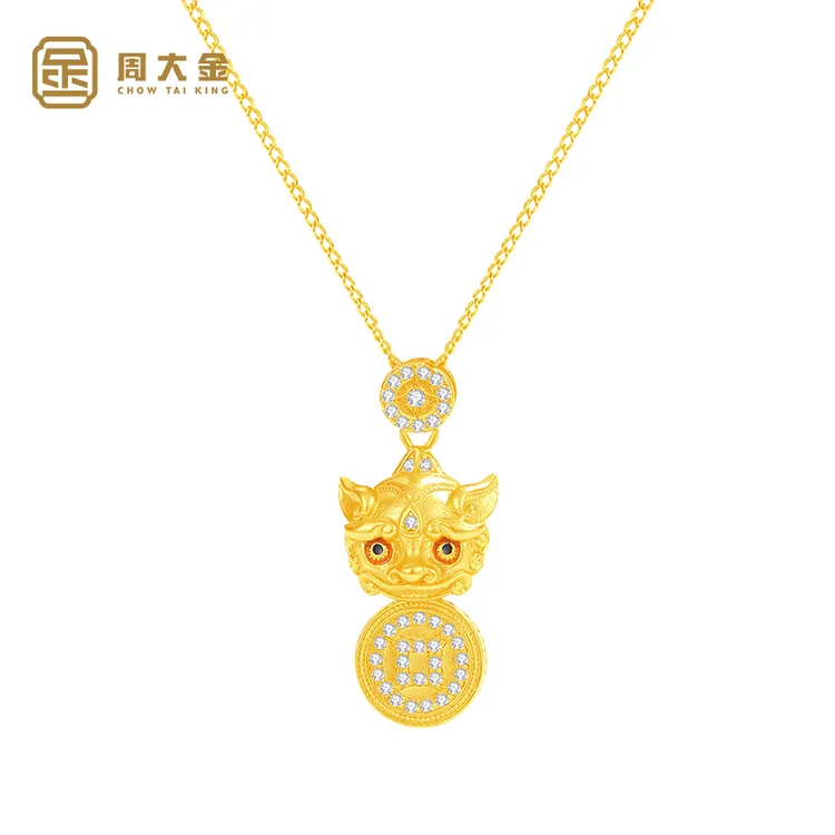 坠链均925银 周大金韦雪同款招财貔貅项链女纯银古法镀金铜钱吊坠