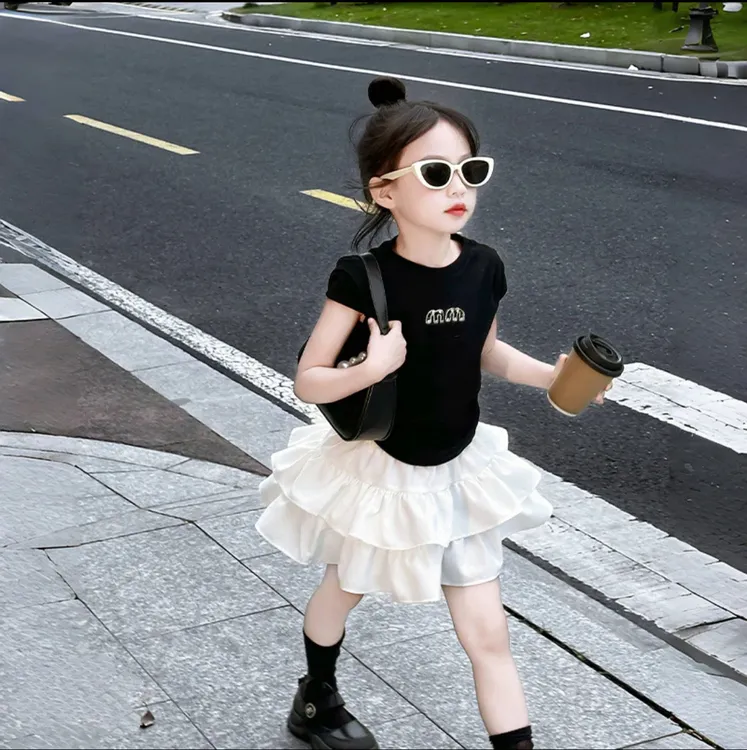 女童套装夏季短袖T恤+雪纺短裙两件套女孩防走光蓬蓬蛋糕裙公主裙