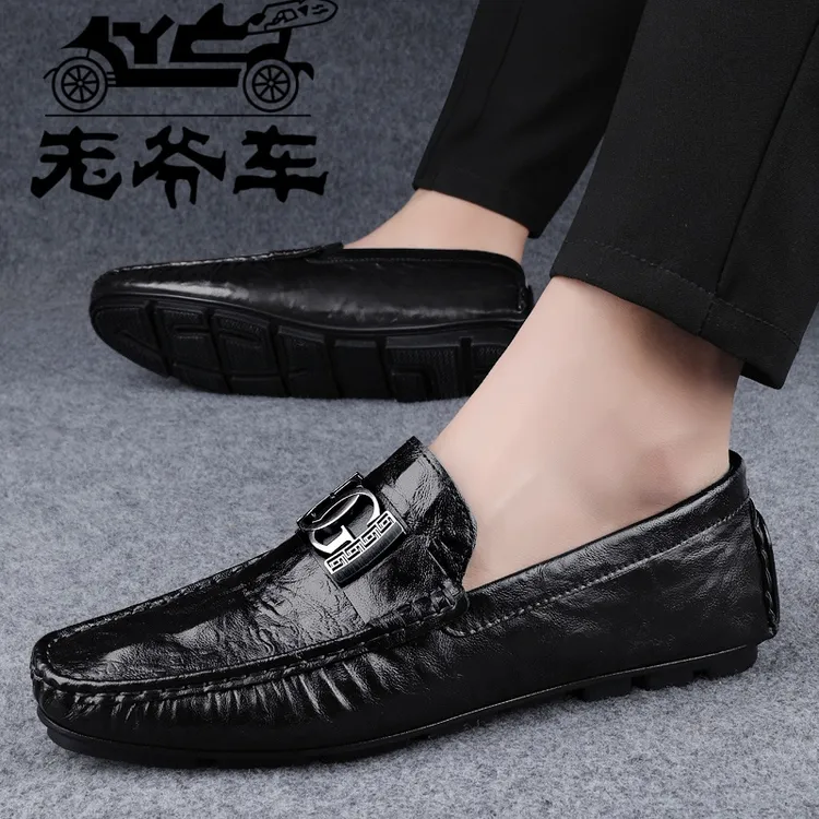 意大利老爷车品牌男士皮鞋懒人鞋一脚蹬百搭休闲手工真皮豆豆鞋潮