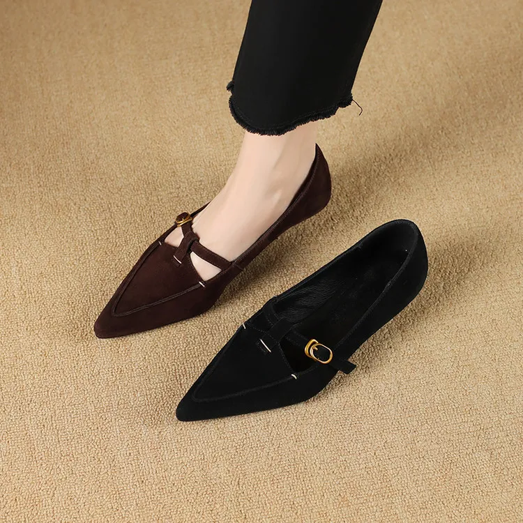 feilunna/妃伦娜【3CM】羊皮34-40浅口玛丽珍一字带扣黑色尖头单鞋