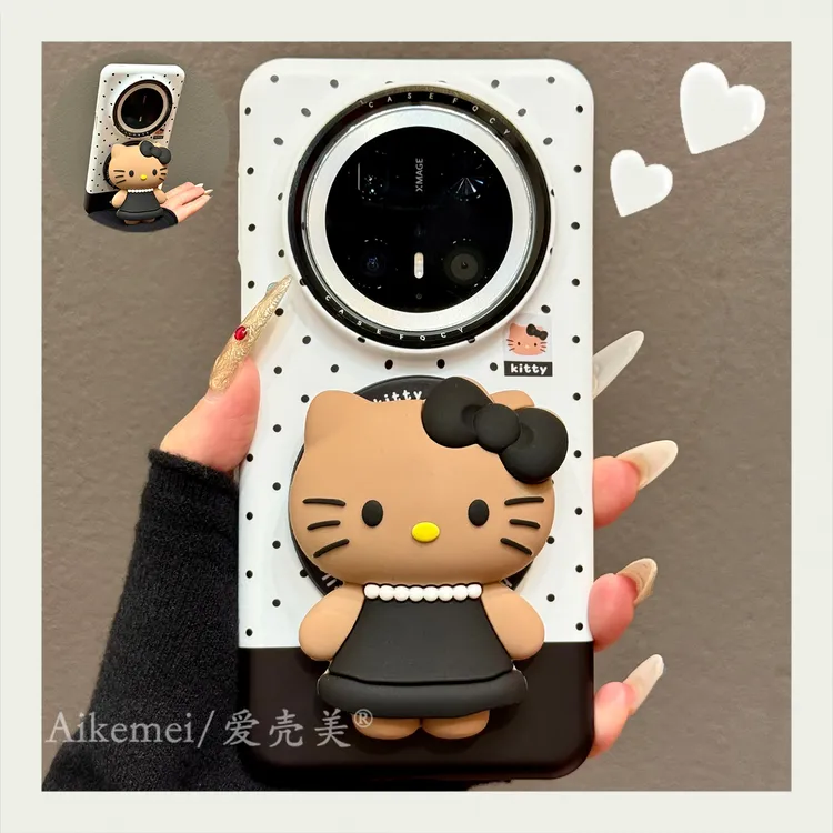 适用华为mate70pro+手机壳菲林黑白波点mate60pro+黑裙kt磁吸支架