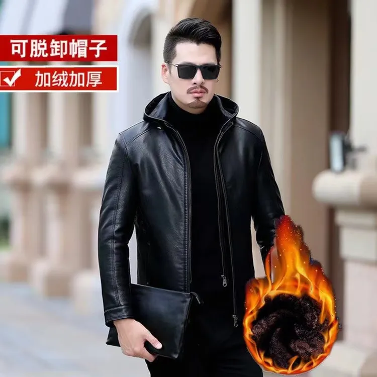【帽子可脱卸】男士海宁皮衣秋冬新款厚款休闲男装皮衣保暖外套