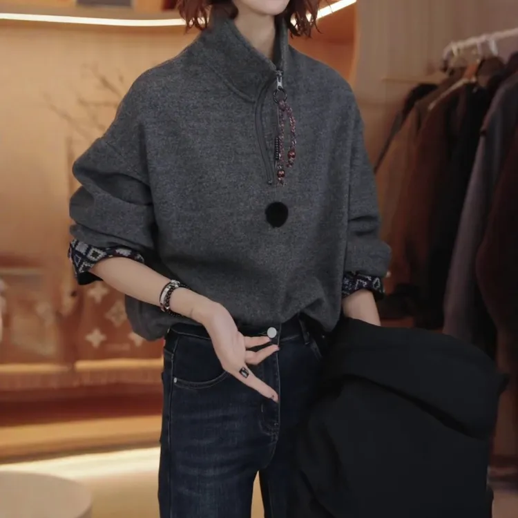 复古时尚翻领长袖宽松遮肉上衣韩版气质百搭时尚拉链立领休闲卫衣