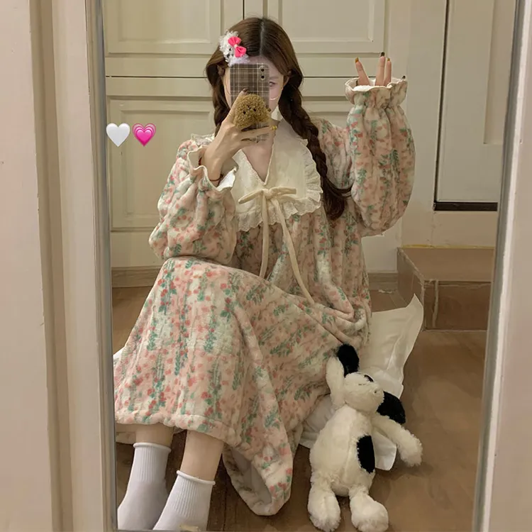 珊瑚绒睡衣春秋冬季加厚保暖甜美花朵家居服网红睡裙