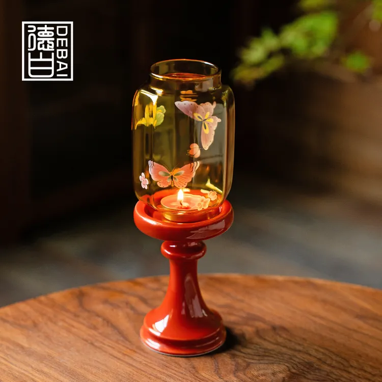 德白故宫红花影蝶眠烛台中式禅意玻璃氛围灯装饰摆件茶道配件