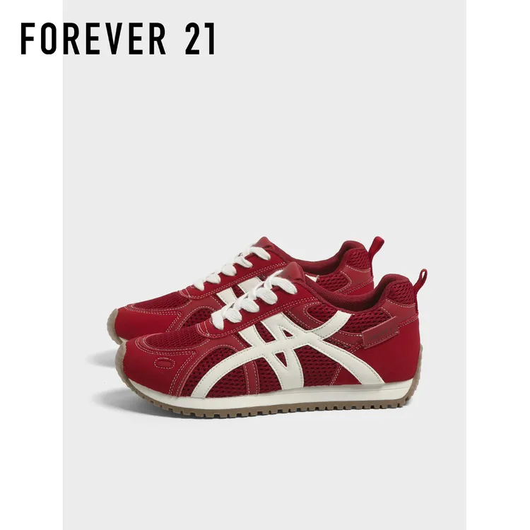 F21红色德训鞋女款2025秋新款德训鞋网面轻便透气户外通勤休闲鞋