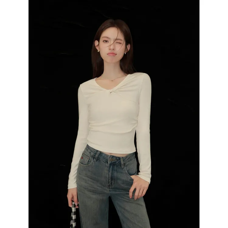 瞌睡兔扭结V领仿羊绒长袖T恤女春显瘦内搭弹力修身打底衫