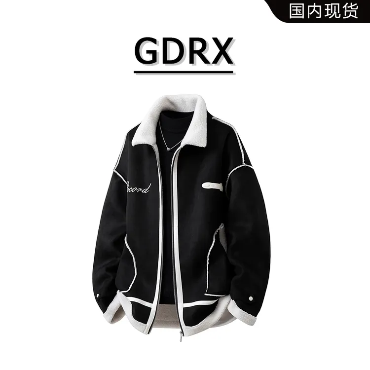 GDRX美式高级感皮毛一体翻领加厚棉衣男士秋冬季新款潮流棉服外套