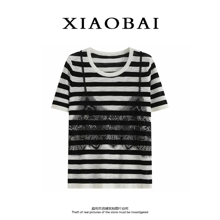 XIAOBAI 条纹假两件精致短袖夏季显瘦薄款T恤女上衣洋气炸街女装