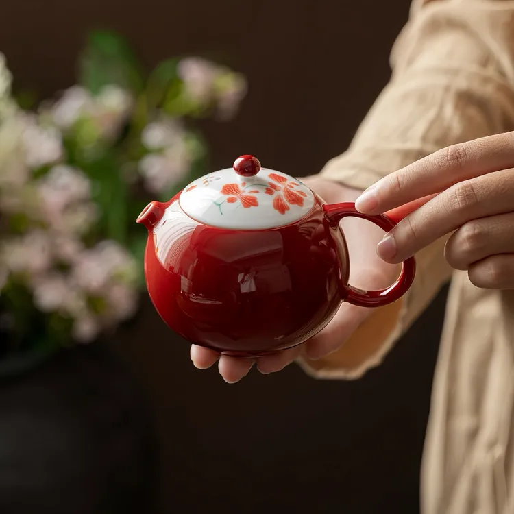 纯手绘蝴蝶兰花西施壶手工陶瓷茶壶带球孔过滤红色泡茶壶功夫茶具