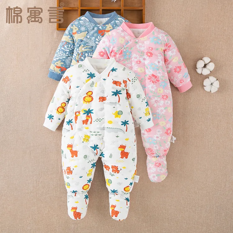 婴儿纯棉手工包脚连体衣新生儿宝宝连脚加棉哈衣秋冬季男女厚爬服