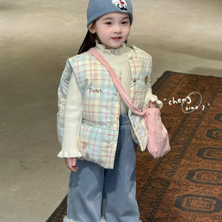 女童冬季马甲新款儿童加棉加厚保暖上衣女孩洋气百搭格子坎肩外穿
