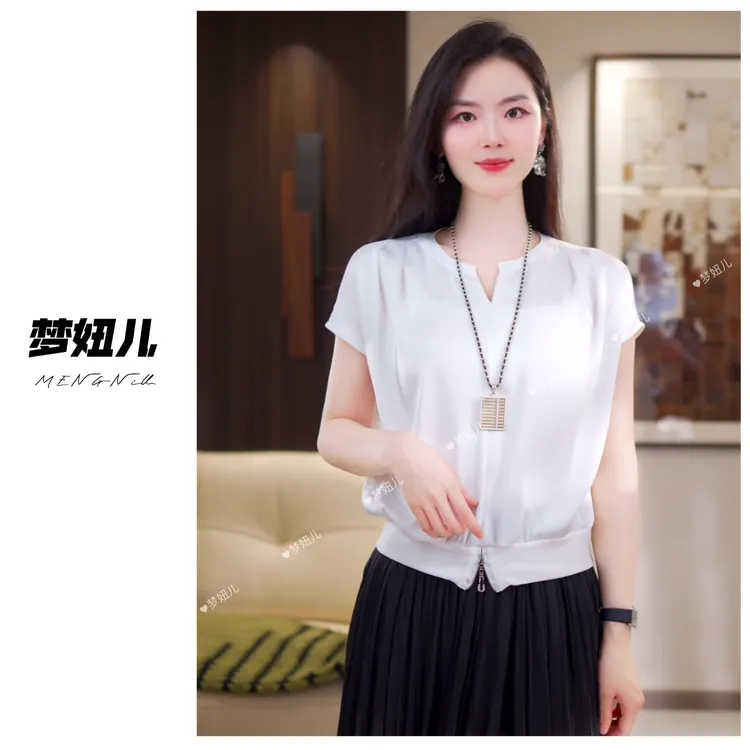 无袖夏季新款短袖衬衫时尚气质缎面显瘦透气高档上衣女