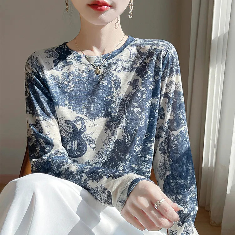 莱赛尔蓝色森林设计感T恤长袖薄款-506