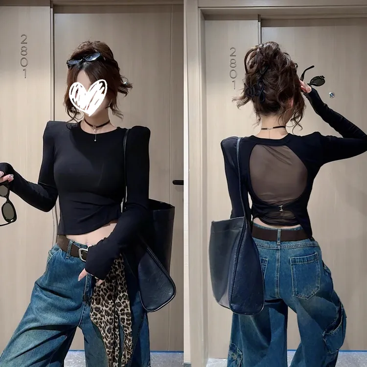 辣妹后露背网纱长袖T恤女2025早秋新款打底衫女款爆款2025新款