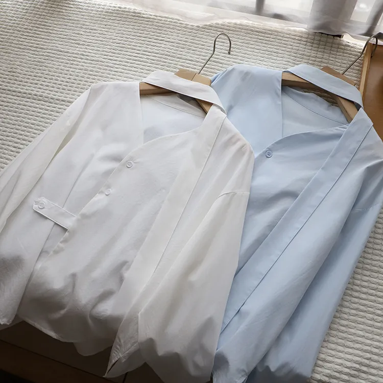 2025春季新品韩系V领侧扣飘带长袖衬衫女气质百搭上衣3496