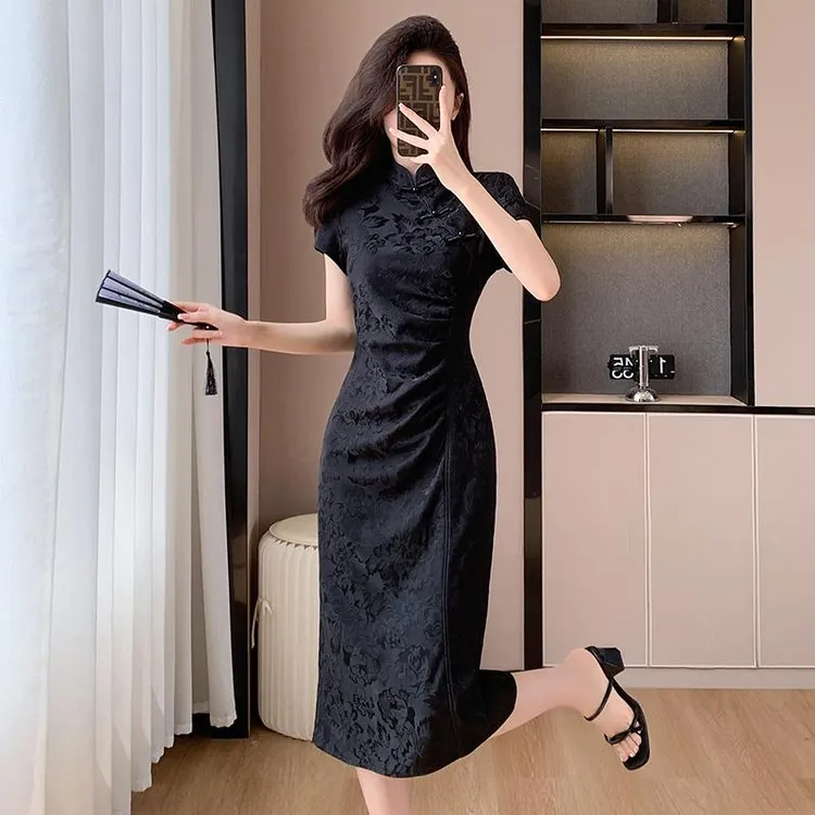 立领短袖新中式提花连衣裙女2025年新款夏装国风改良旗袍a字裙子