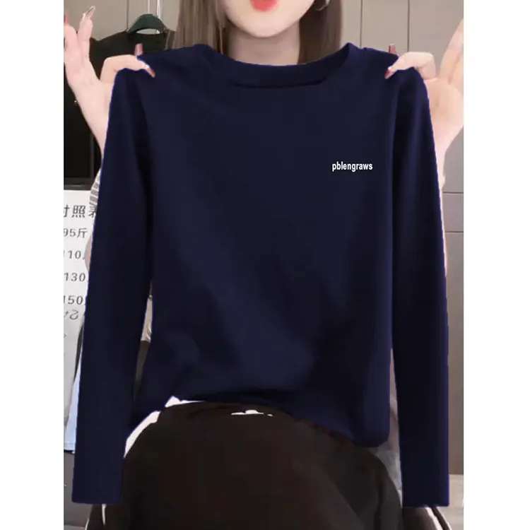 女生韩系ins衣服早秋正肩圆领长袖t恤洋气藏青色百搭内搭打底衫上