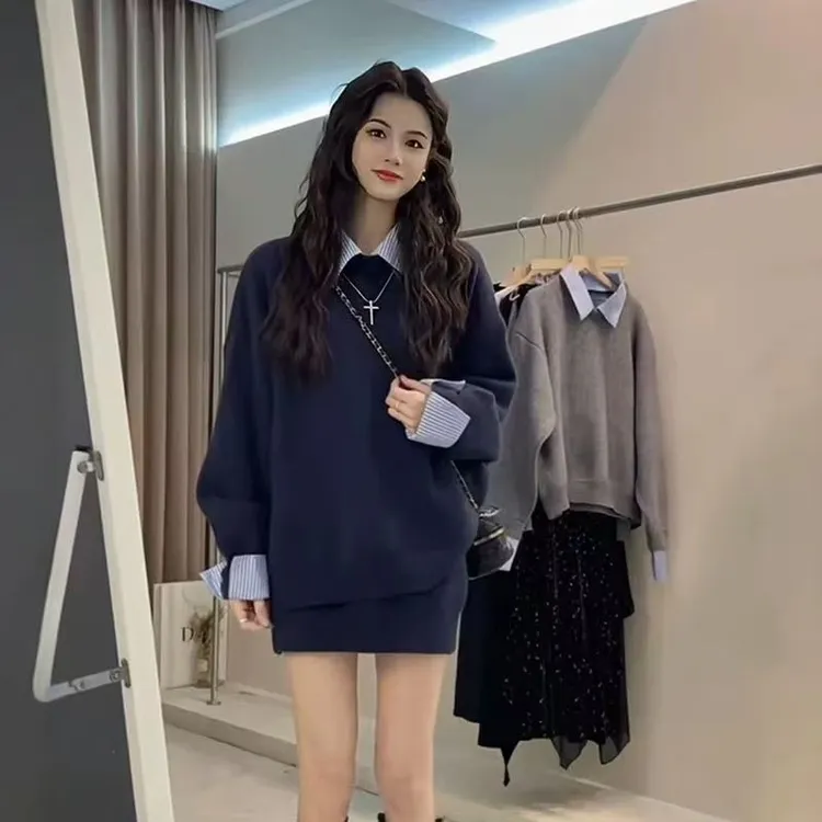 原版做法+针织质量+新拼接翻领针织衫外穿毛衣针织短裙通勤套装女