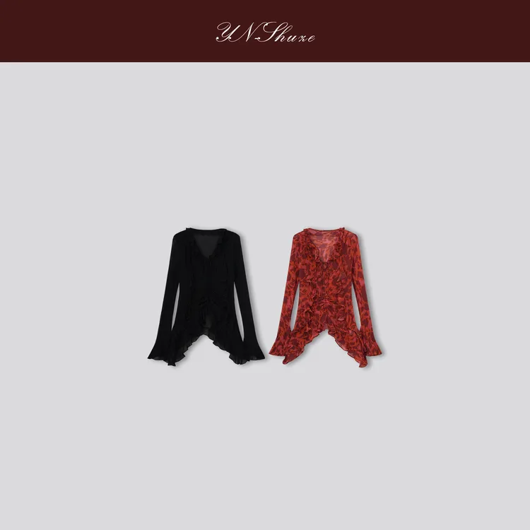 YN-SHUZE【花海漫步】扎染特定色V领荷叶边长袖上衣SZ-YNC-2025552