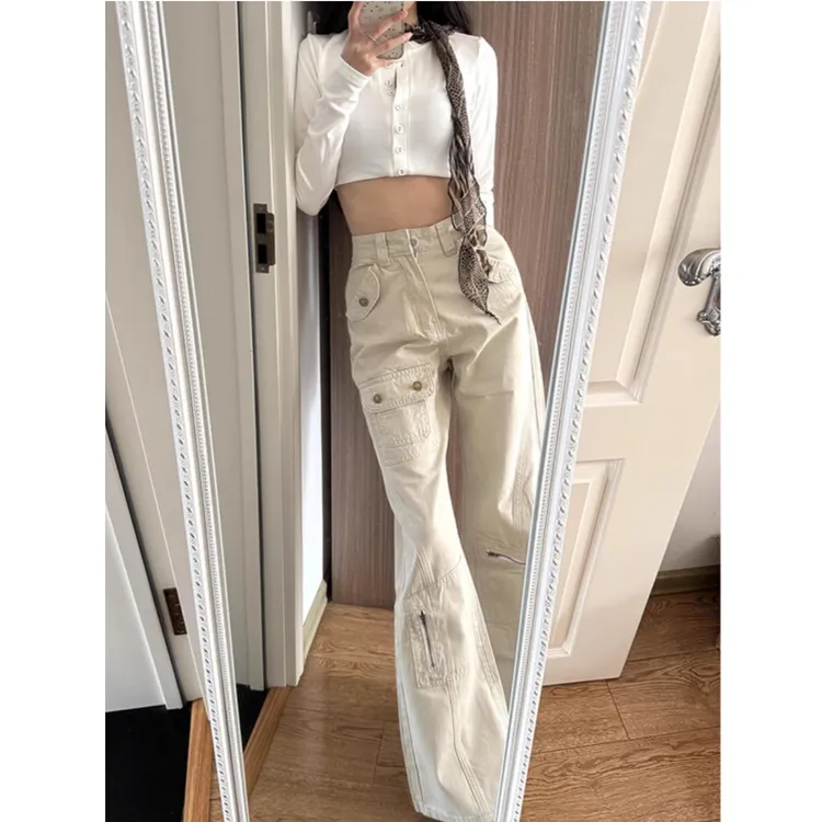 美式辣妹多口袋工装微喇牛仔裤女春季新款低腰宽松显瘦直筒休闲裤