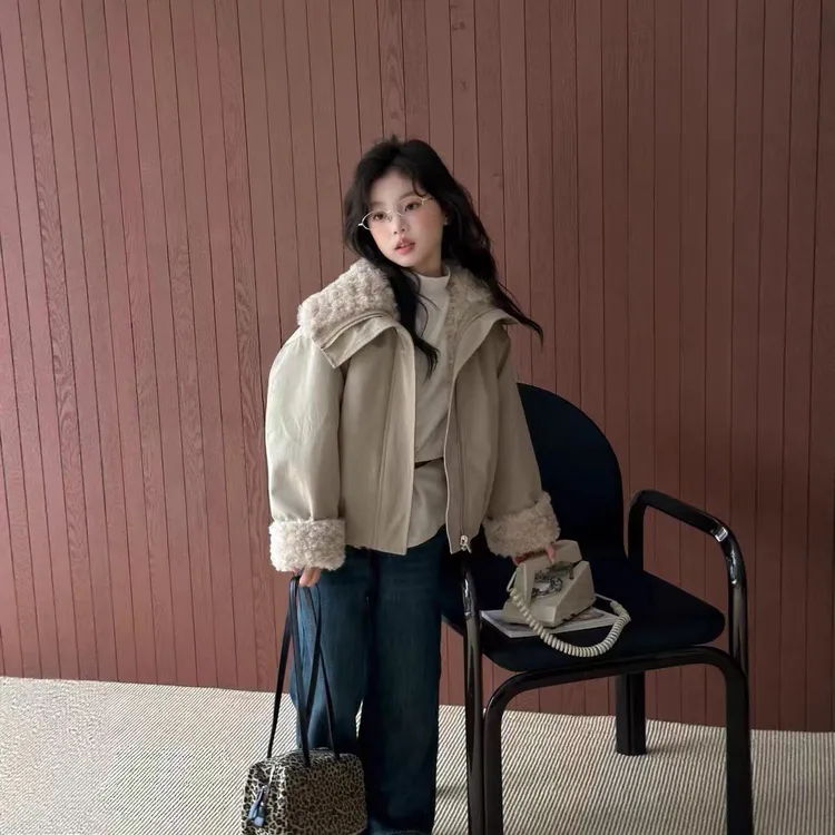 男女童冬款新款韩版宽松休闲百搭毛毛内胆派克服男女童冬款外套