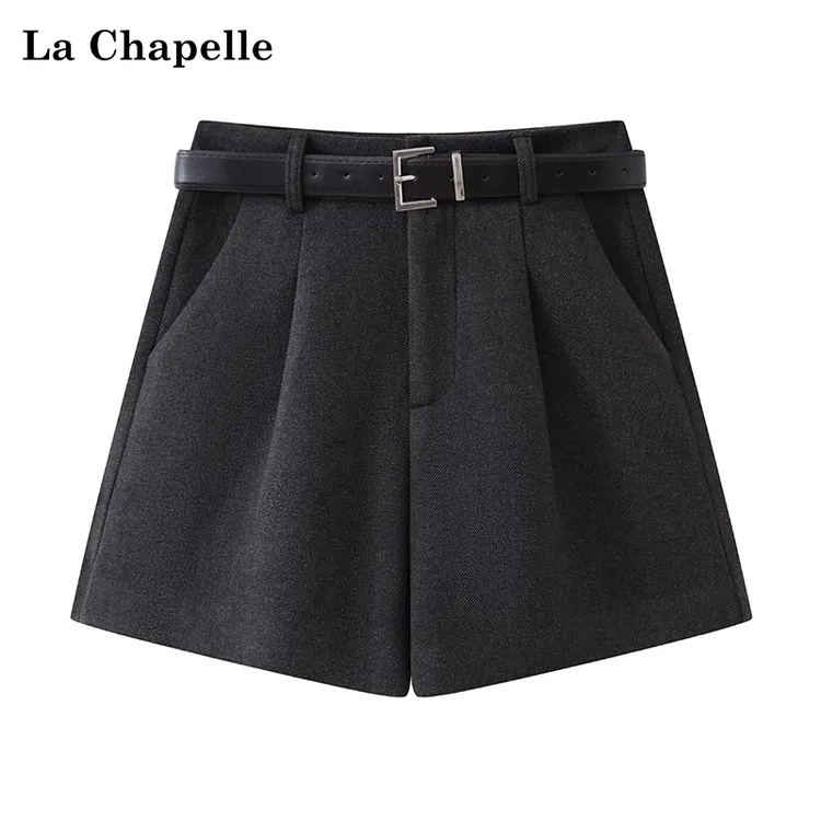 拉夏贝尔外穿毛呢短裤女秋冬款2025年新款显瘦高腰靴裤a字阔腿裤