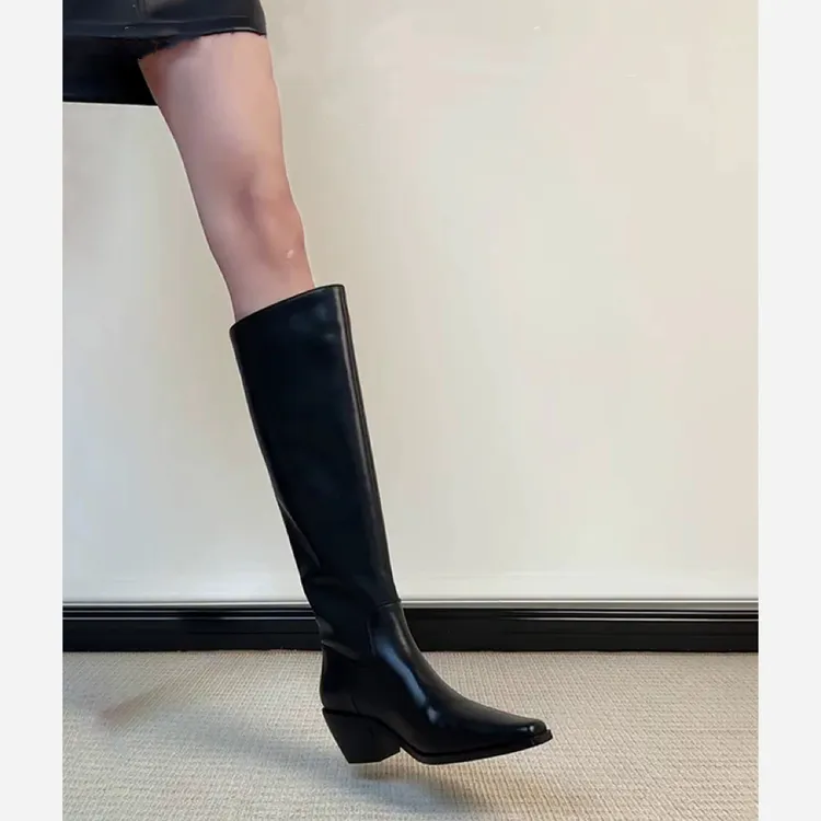 牛皮版~复古黑色长筒骑士靴方头粗跟内增高小个子显瘦不过膝长靴