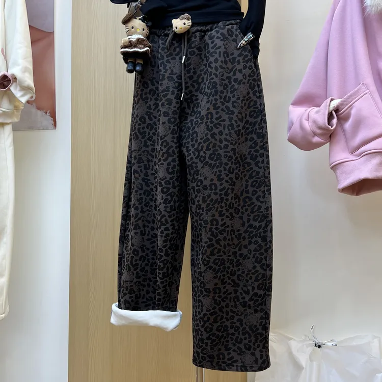 抽绳豹纹阔腿裤女秋冬季加绒加厚高腰垂坠感直筒裤小个子