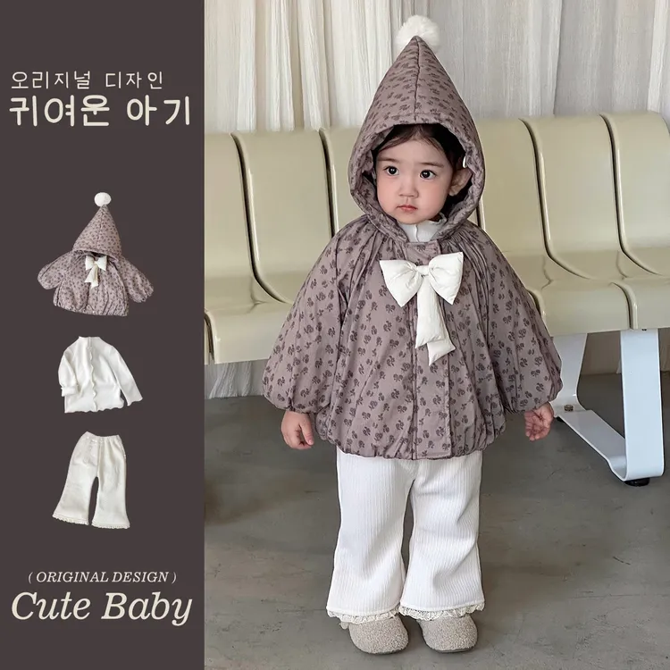 婴儿棉服外套冬款女宝外出服小童碎花保暖衣服a类加绒裤子两件套