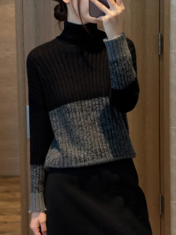 2025冬季新款女装高领拼色设计感加厚坑条针织毛衣宽松长袖打底衫