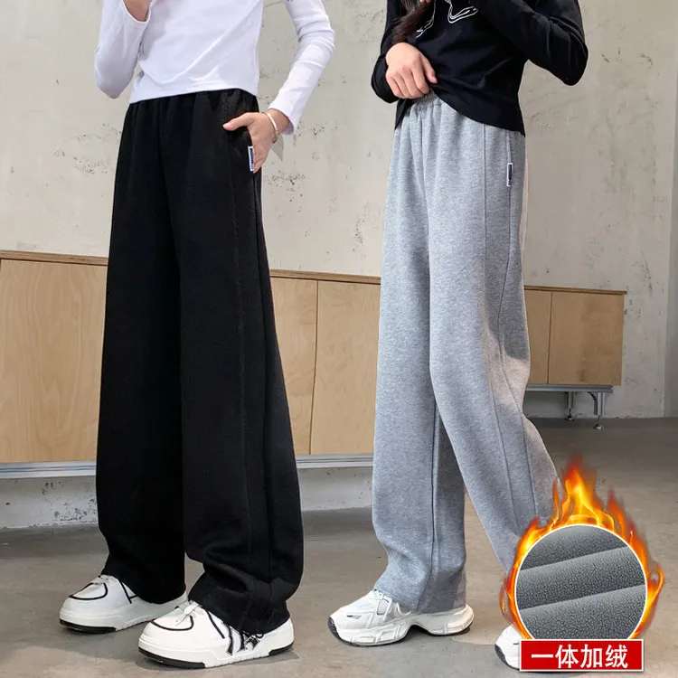 儿童裤子女童加绒运动裤2025新款中大童女孩秋冬装休闲直筒阔腿裤