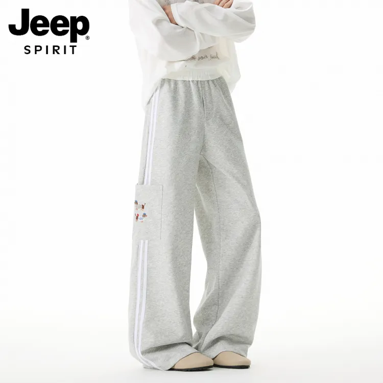 JEEPSPIRIT美式条纹腊肠狗刺绣重磅卫裤男女秋高级感直筒宽松长裤