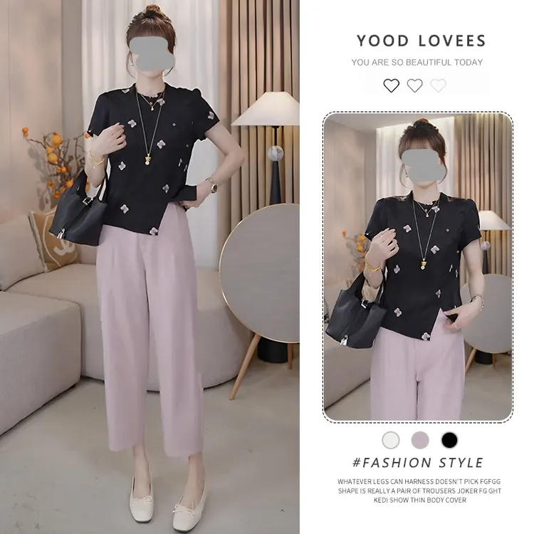 新中式复古国风短袖上衣+阔腿裤两件套女2025夏季新款时尚套装潮