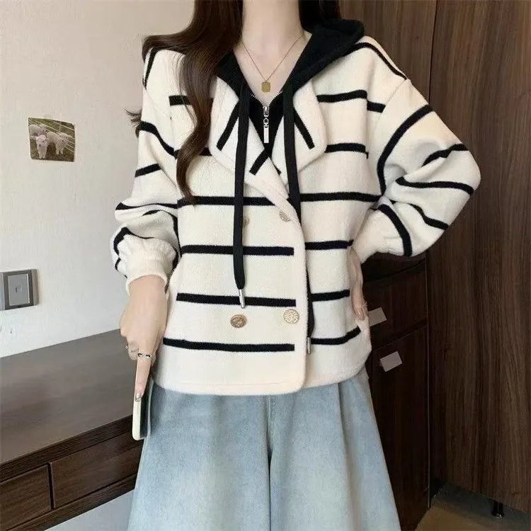 2025早秋条纹连帽休闲针织衫加厚短款女开衫百搭针织外套上衣女装
