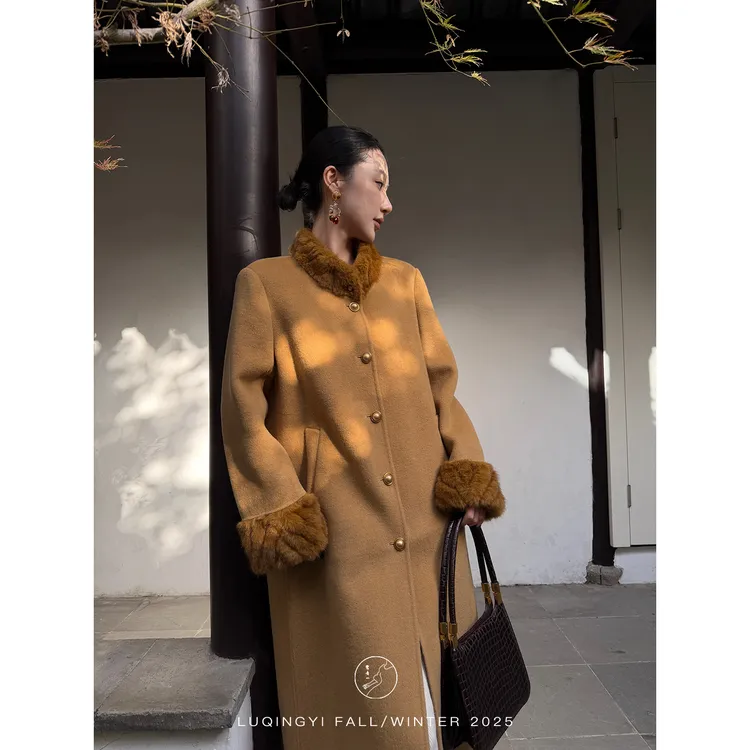 鹭青一原创【远馨】复古羊毛H版毛毛立领双面呢大衣L25D7656B