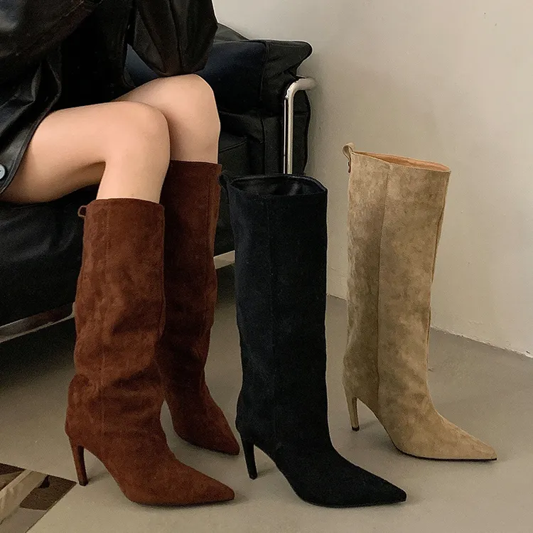 尖头高跟瘦瘦靴中筒骑士靴女鞋2025新款春秋冬季卡其色长筒长靴子