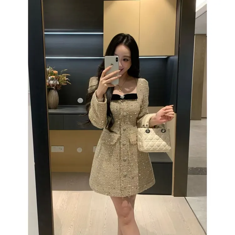 XINYI【暖炉繁星】冬季50%羊毛编织小香连衣裙收腰显瘦裙X625Q22059