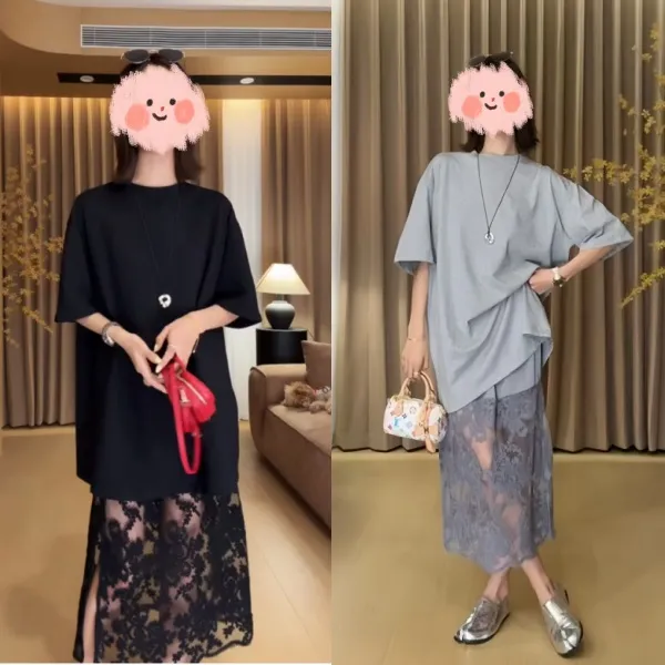 2025夏季新款小众设计感修身显瘦时尚宽松上衣蕾丝半身裙两件套