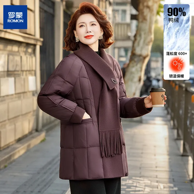 罗蒙中年妈妈冬装针织拼接羽绒服新款洋气中老年女装保暖围巾外套