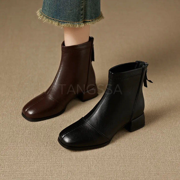 [TANGSSA]时尚运动风冬季牛皮瘦瘦靴女鞋马丁靴高跟短筒中跟7022