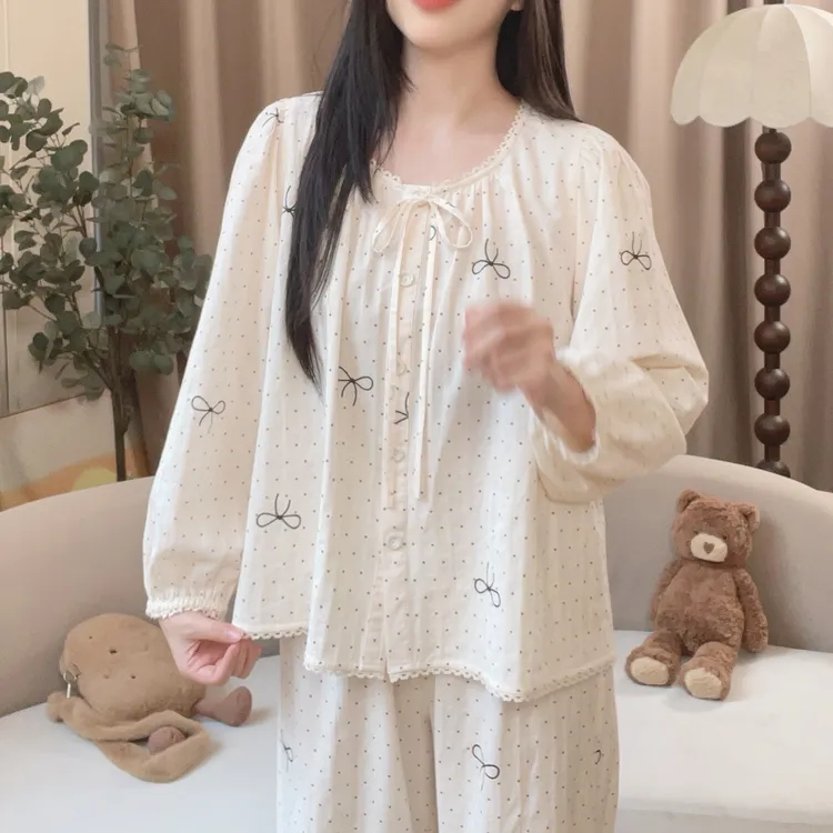 【6056波点】秋季甜美长袖纯棉可外穿公主家居服睡衣宽松睡衣套装