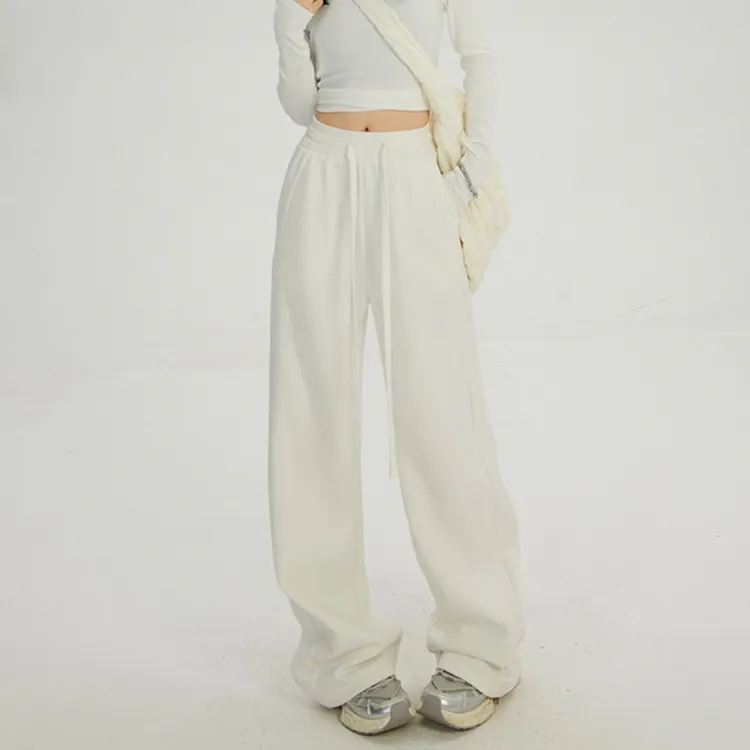 POYZ美式复古白色高腰宽松阔腿裤女日常百搭休闲运动直筒休闲裤