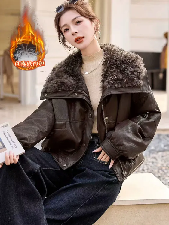 冬季减龄时尚免洗皮衣羽绒服新款洋气加厚保暖短款白鸭绒外套3207