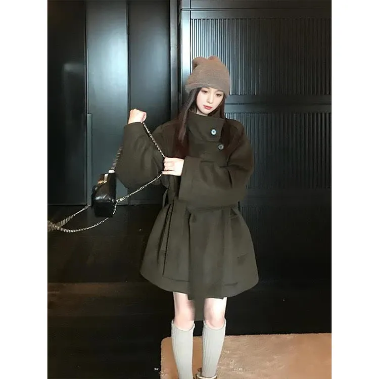 立领收腰短款毛呢外套女2025秋冬加厚小个子系带廓形显瘦呢子大衣