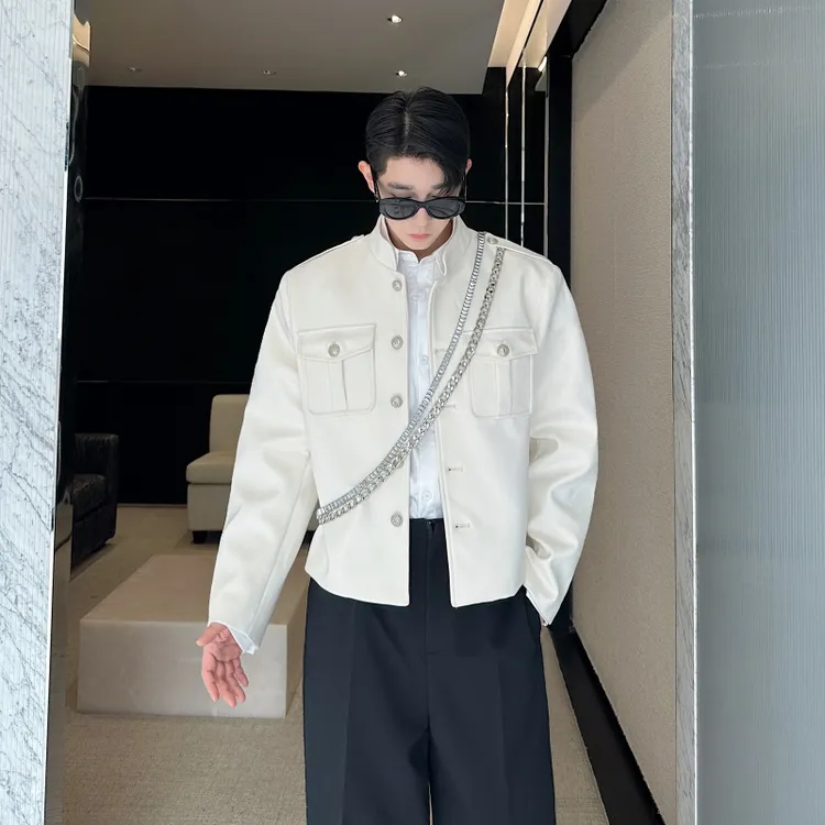 韩版明星同款工装小立领小香风毛呢外套男休闲轻奢高级短款小夹克