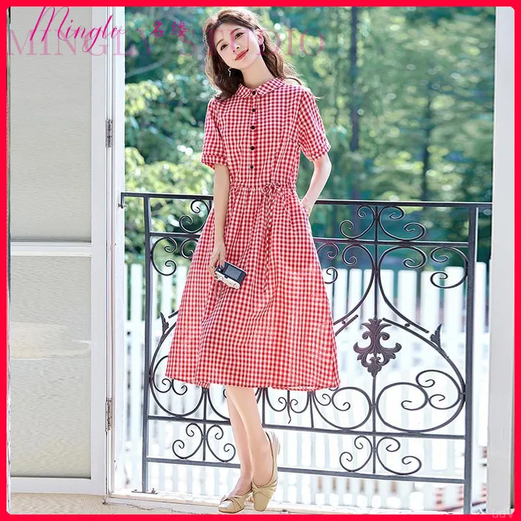 休闲薄款格子连衣裙女2025夏季新款收腰显瘦气质时尚减龄中长裙子