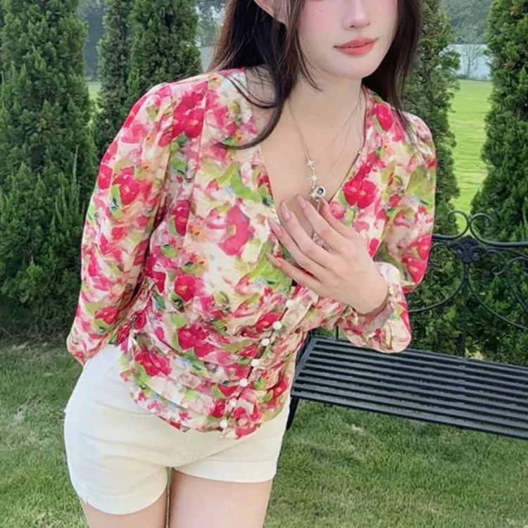 印花薄款灯笼袖长袖短款衬衫法式小衫2025秋季新款小众性感上衣